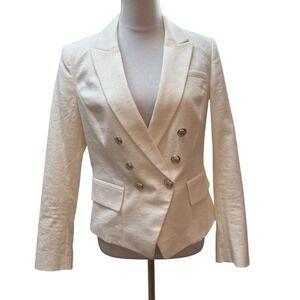 Cream  White Textured Double Breasted Blazer Jacket with Gold Buttons